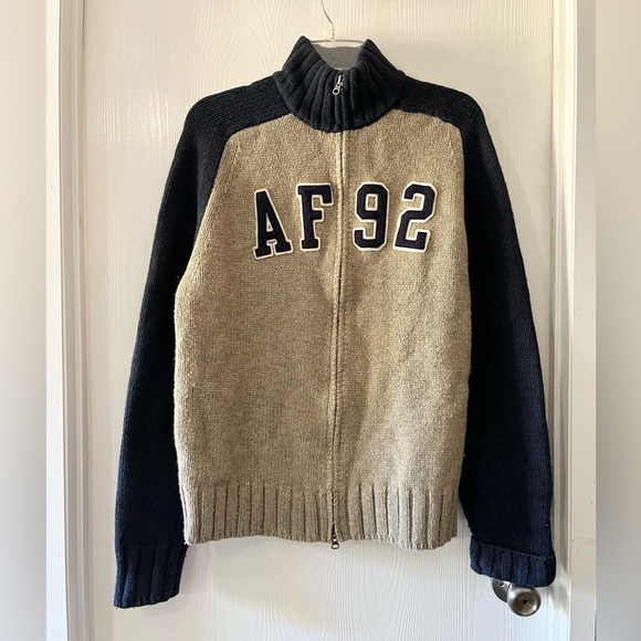 Abercrombie & Fitch Vintage Beige and Navy Part-Lambswool Zip-Up Sweater